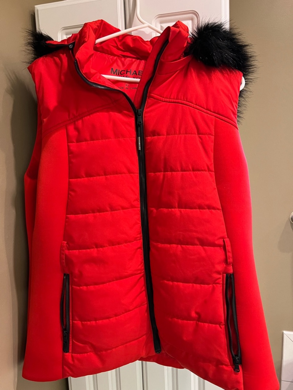 MICHAEL Michael Kors Red Puffer Vest with Black Faux Fur Trim